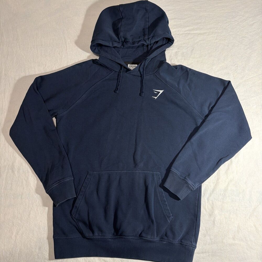 Gymshark Hoodie Mens Small Blue Logo Fleece Pullover Kangaroo Pocket Sweatshirt